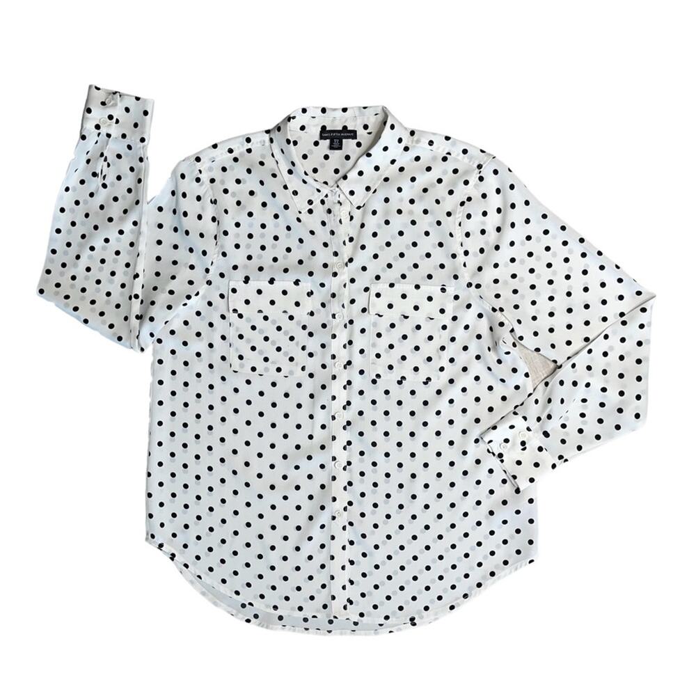SAKS FIFTH AVENUE Black White Polka Dot Long Sleeve Button Front Blouse Size Med